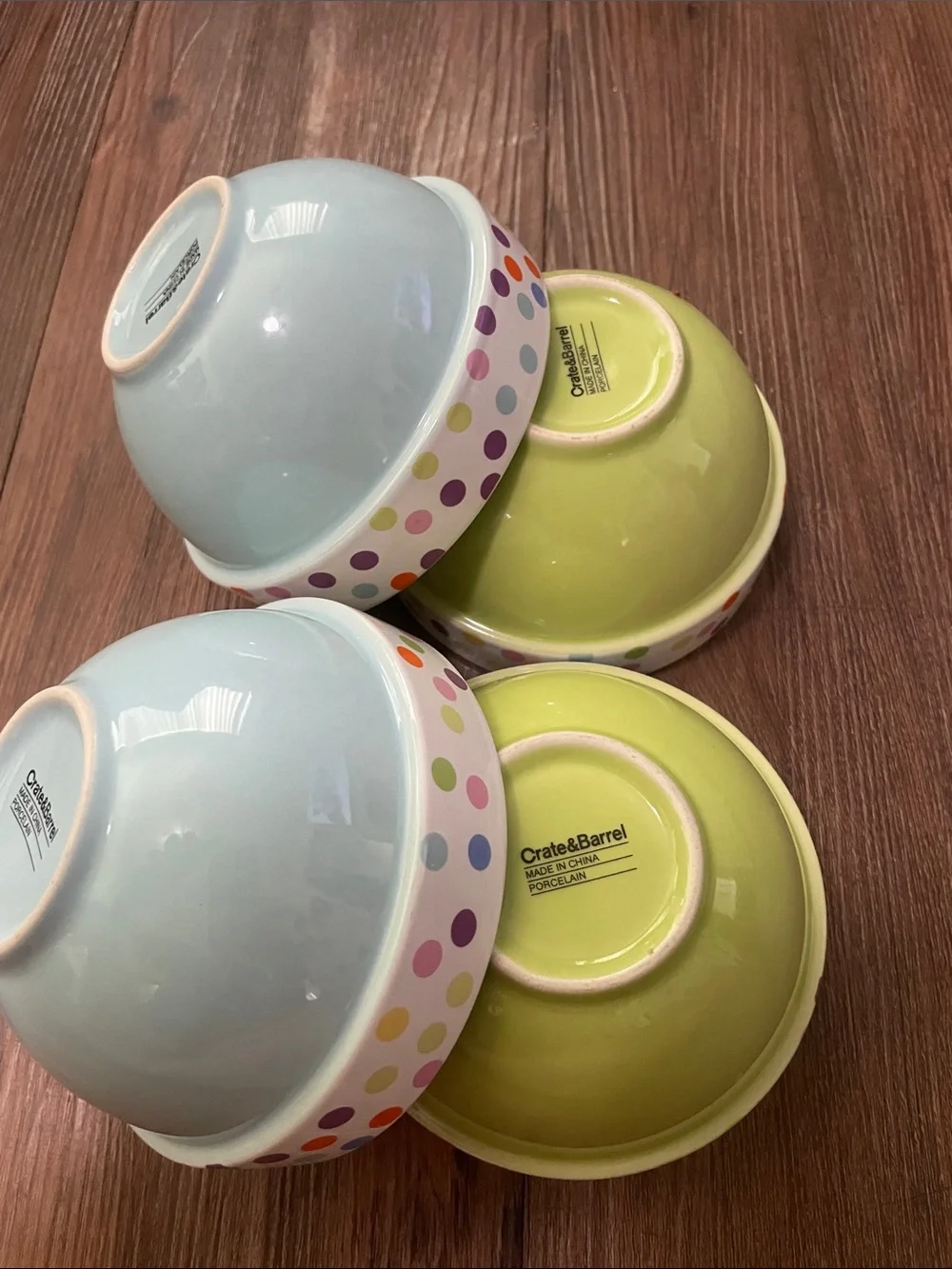 Crate&Barrel Pastel Blue and Lime Green Polka Dot Ceramic Bowls,4!EXCELLENT